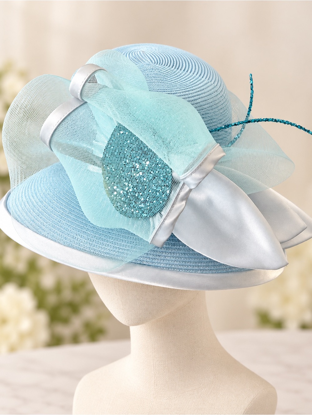 Ellie Fine Hats Baby Blue Church Derby Hat Oversized Bow